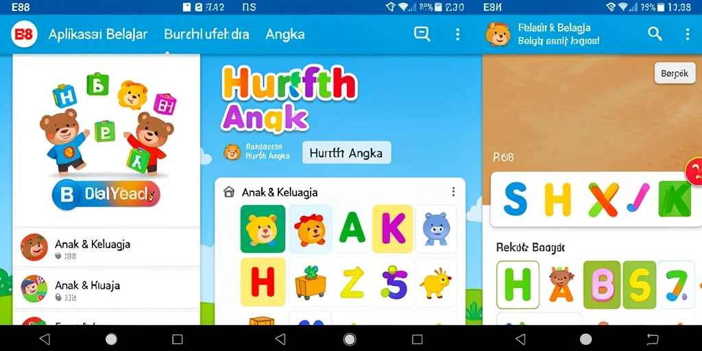 Tampilan antarmuka aplikasi E88 yang menarik untuk belajar huruf dan angka.