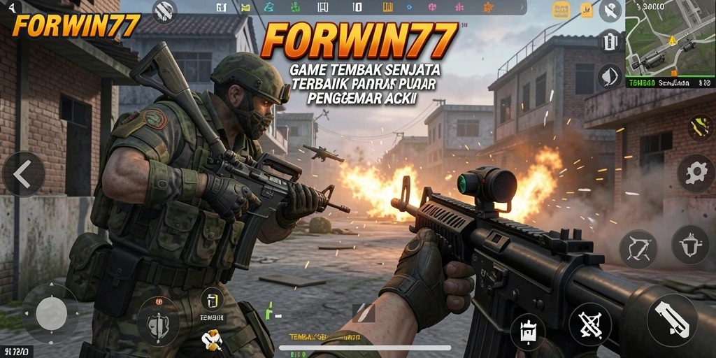 Screenshot antarmuka permainan FORWIN77 yang menunjukkan aksi tembak menembak.